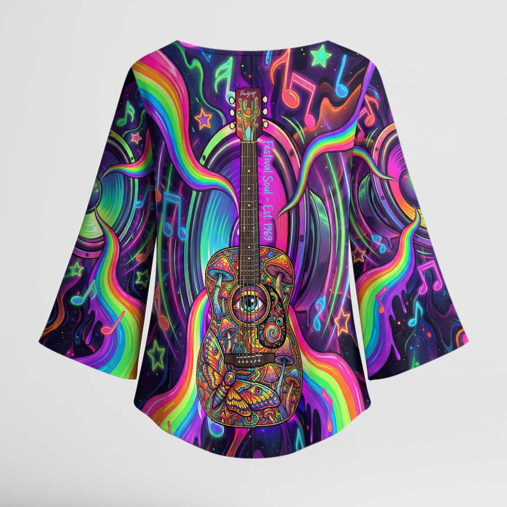 Trippy Guitar Kimono Sleeve Blouse Festival Soul Psychedelic Music Vibes Since 1969