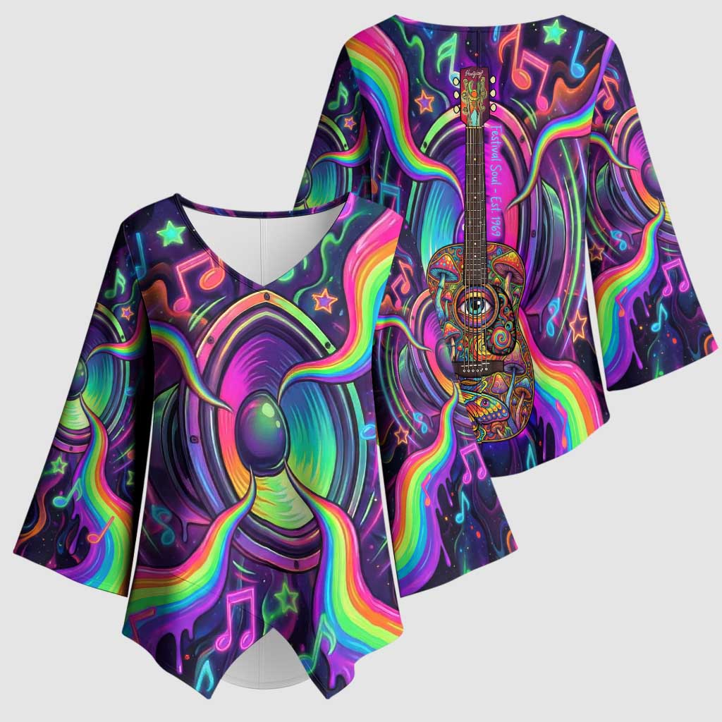 Trippy Guitar Kimono Sleeve Blouse Festival Soul Psychedelic Music Vibes Since 1969