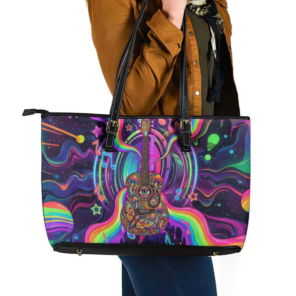 Trippy Guitar Leather Tote Bag Festival Soul Psychedelic Music Vibes Since 1969