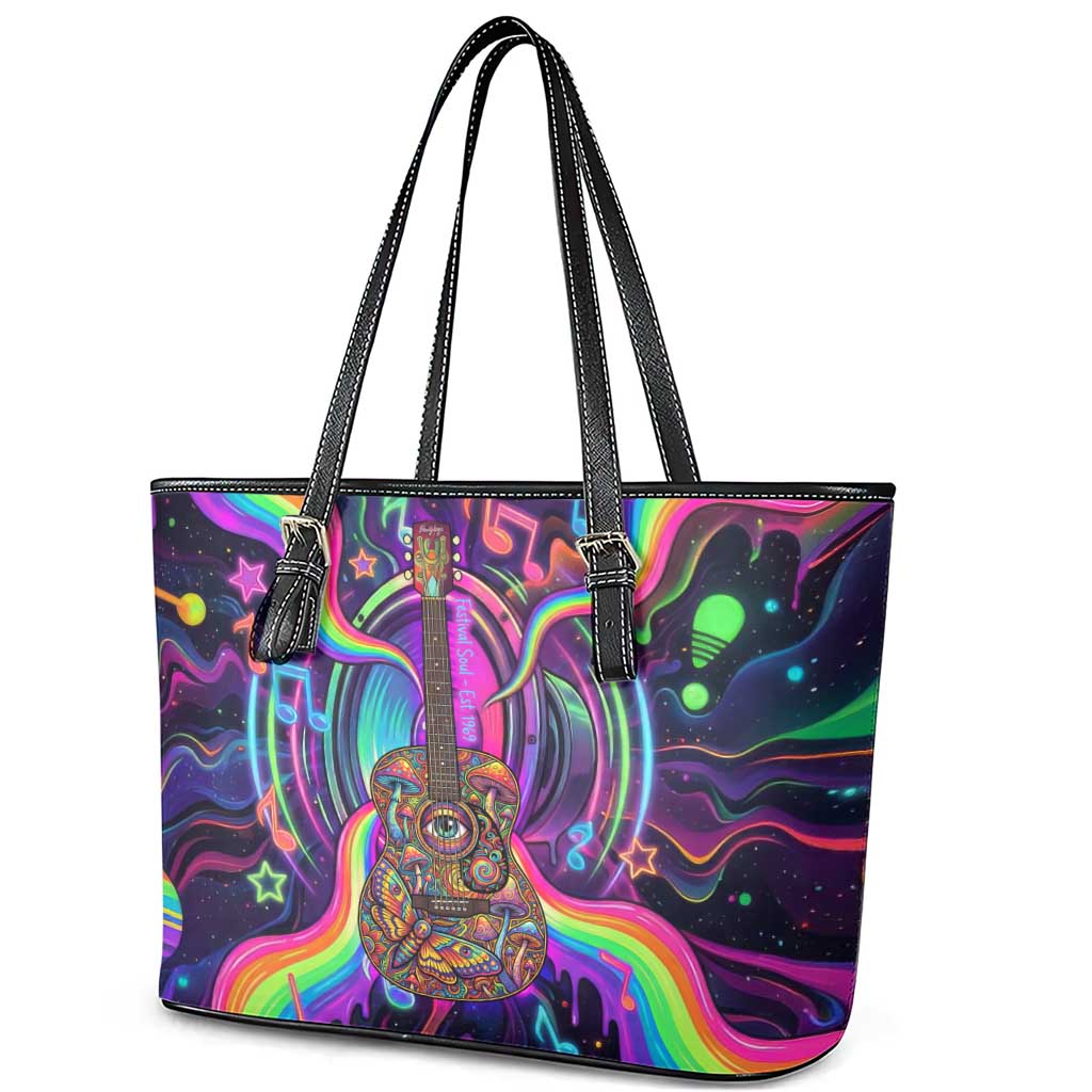 Trippy Guitar Leather Tote Bag Festival Soul Psychedelic Music Vibes Since 1969