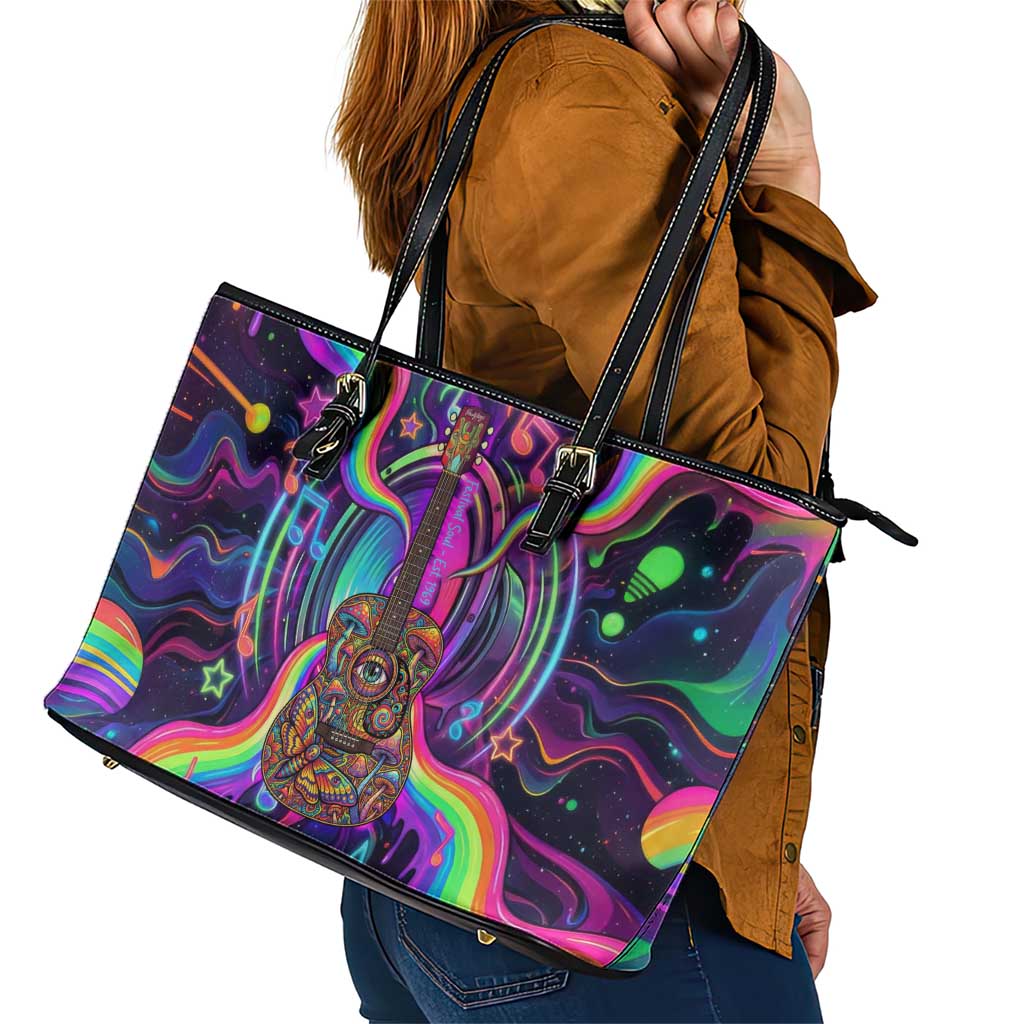 Trippy Guitar Leather Tote Bag Festival Soul Psychedelic Music Vibes Since 1969