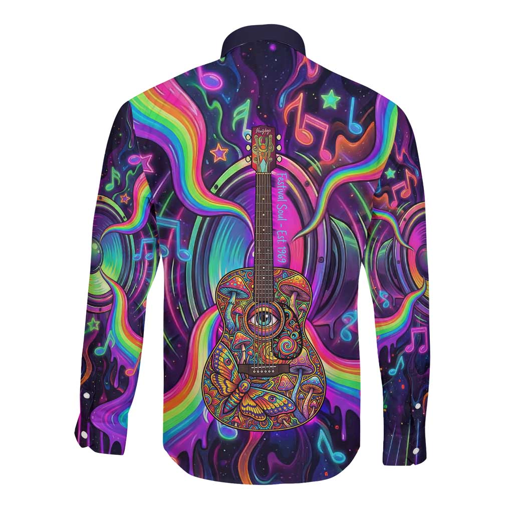Trippy Guitar Long Sleeve Button Shirt Festival Soul Psychedelic Music Vibes Since 1969