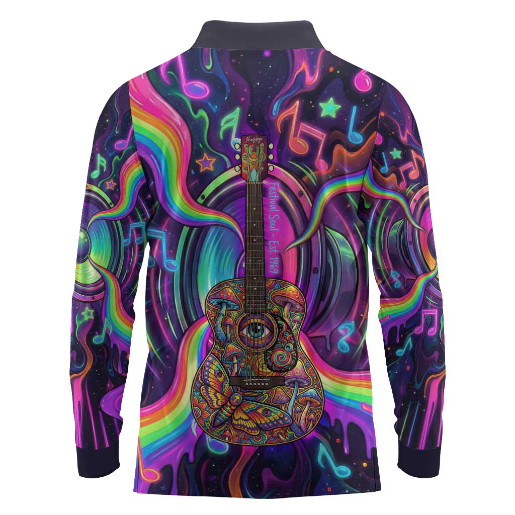 Trippy Guitar Long Sleeve Polo Shirt Festival Soul Psychedelic Music Vibes Since 1969