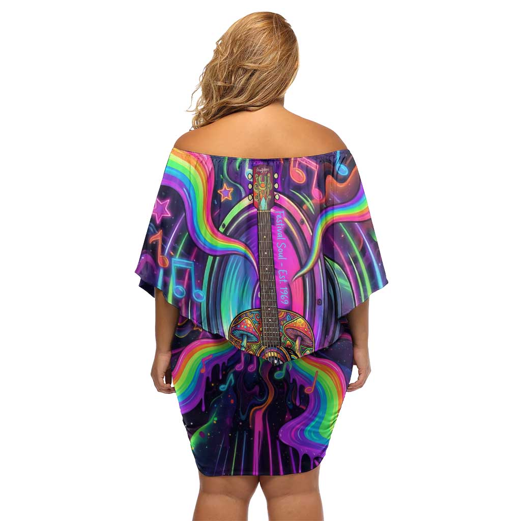 Trippy Guitar Off Shoulder Short Dress Festival Soul Psychedelic Music Vibes Since 1969