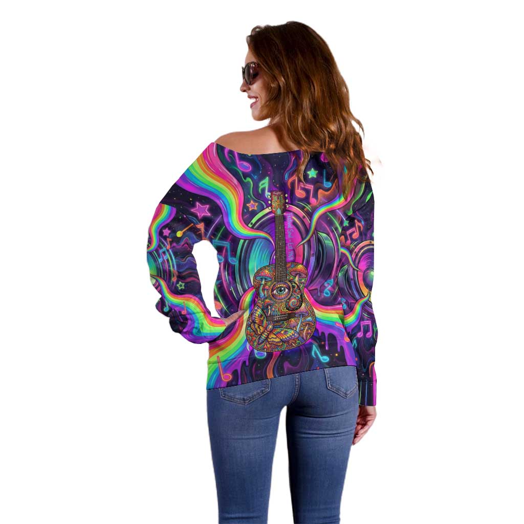 Trippy Guitar Off Shoulder Sweater Festival Soul Psychedelic Music Vibes Since 1969