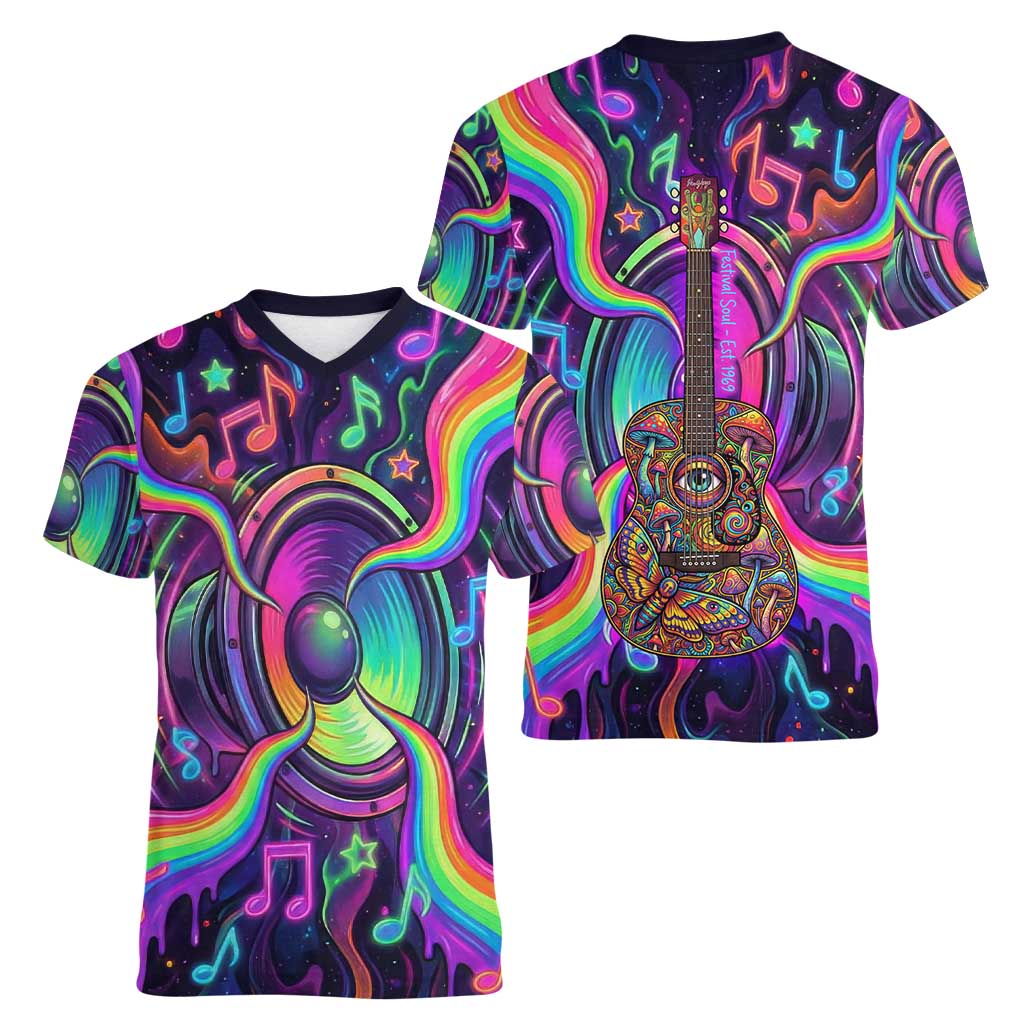 Trippy Guitar Women V-Neck T-Shirt Festival Soul Psychedelic Music Vibes Since 1969