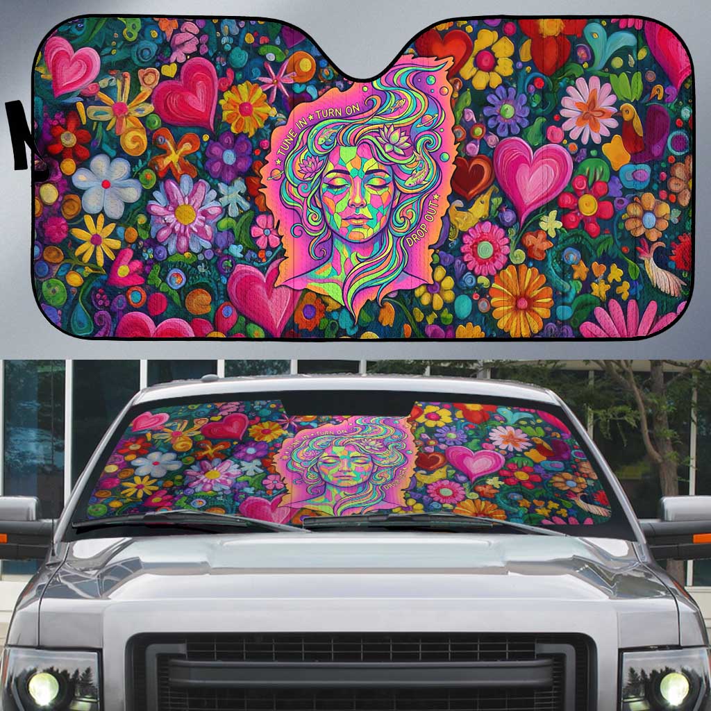 Psychedelic Visionary Woman Hippie Auto Sun Shade Tune In, Turn On, Drop Out - Flower Power Awakening