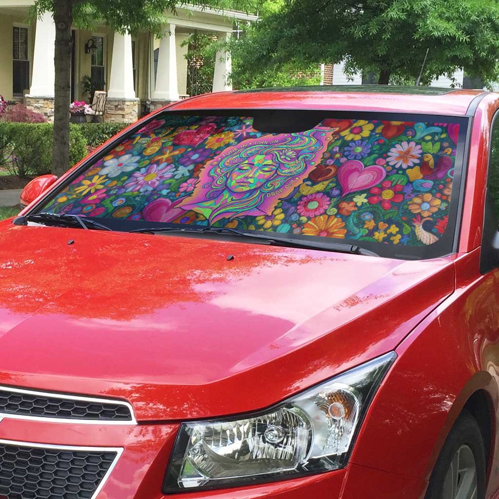 Psychedelic Visionary Woman Hippie Auto Sun Shade Tune In, Turn On, Drop Out - Flower Power Awakening