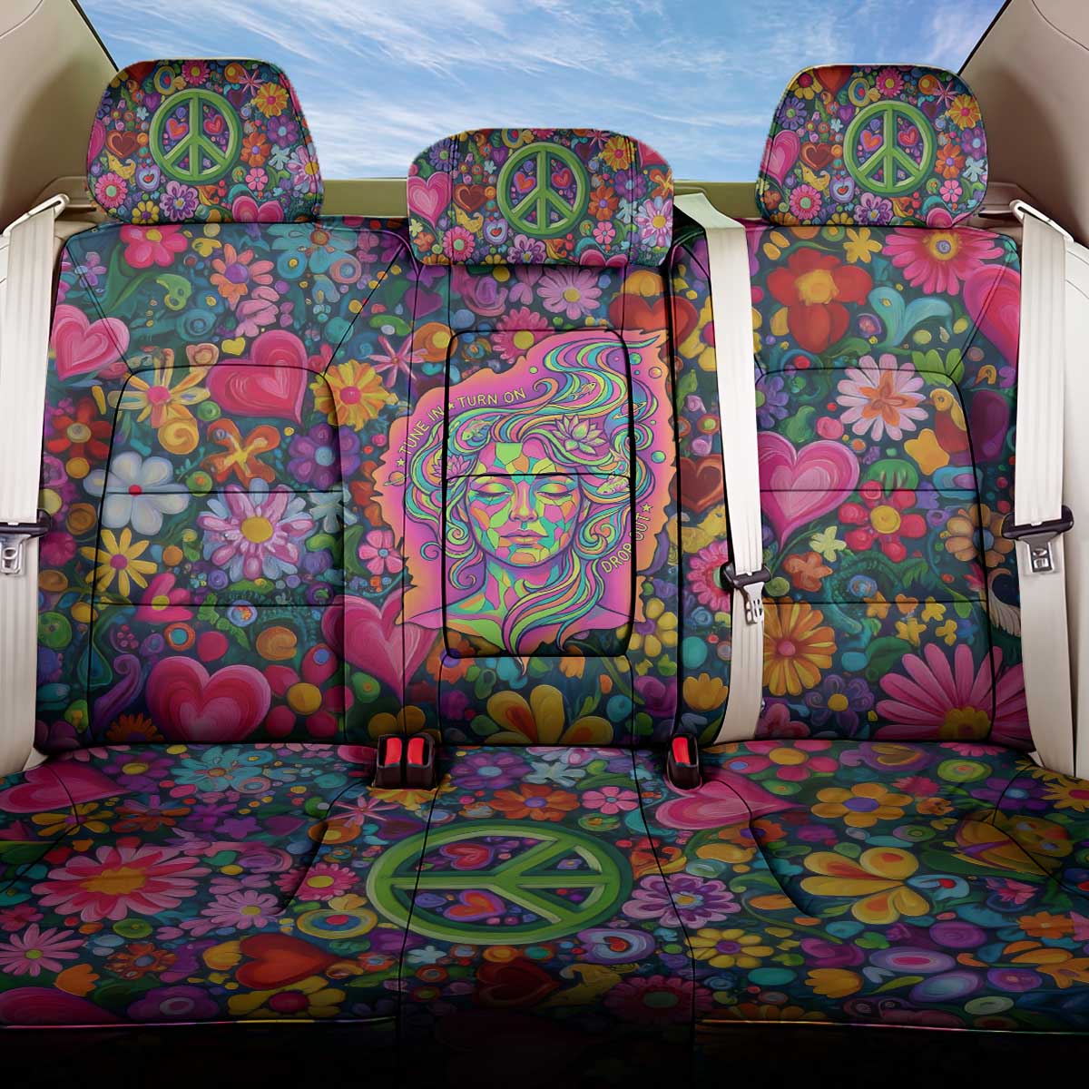 Psychedelic Visionary Woman Hippie Back Car Seat Cover Tune In, Turn On, Drop Out - Flower Power Awakening