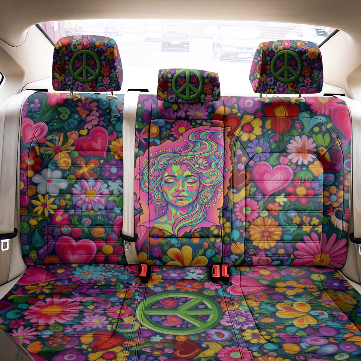 Psychedelic Visionary Woman Hippie Back Car Seat Cover Tune In, Turn On, Drop Out - Flower Power Awakening