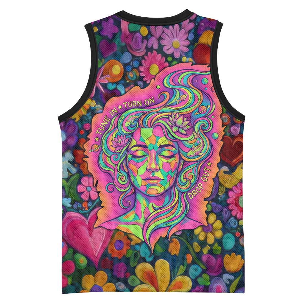 Psychedelic Visionary Woman Hippie Basketball Jersey Tune In, Turn On, Drop Out - Flower Power Awakening