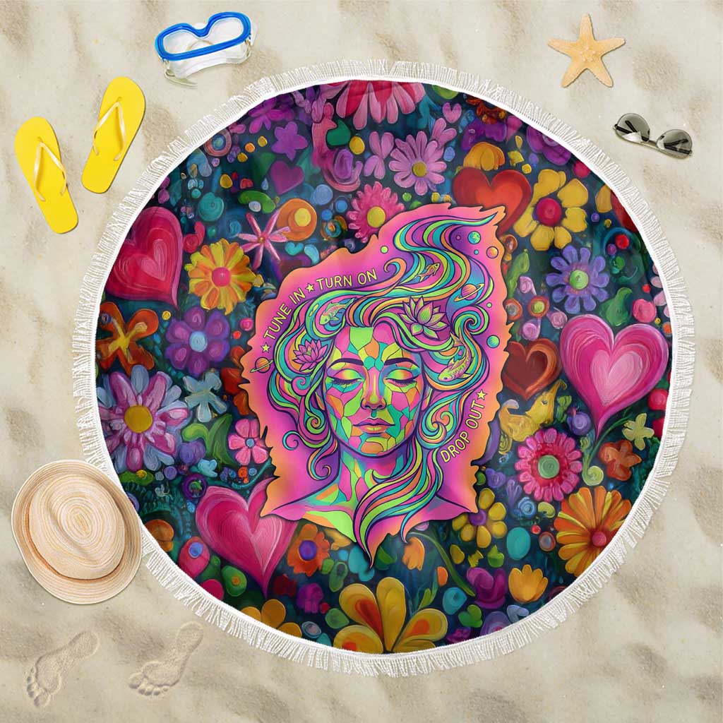 Psychedelic Visionary Woman Hippie Beach Blanket Tune In, Turn On, Drop Out - Flower Power Awakening
