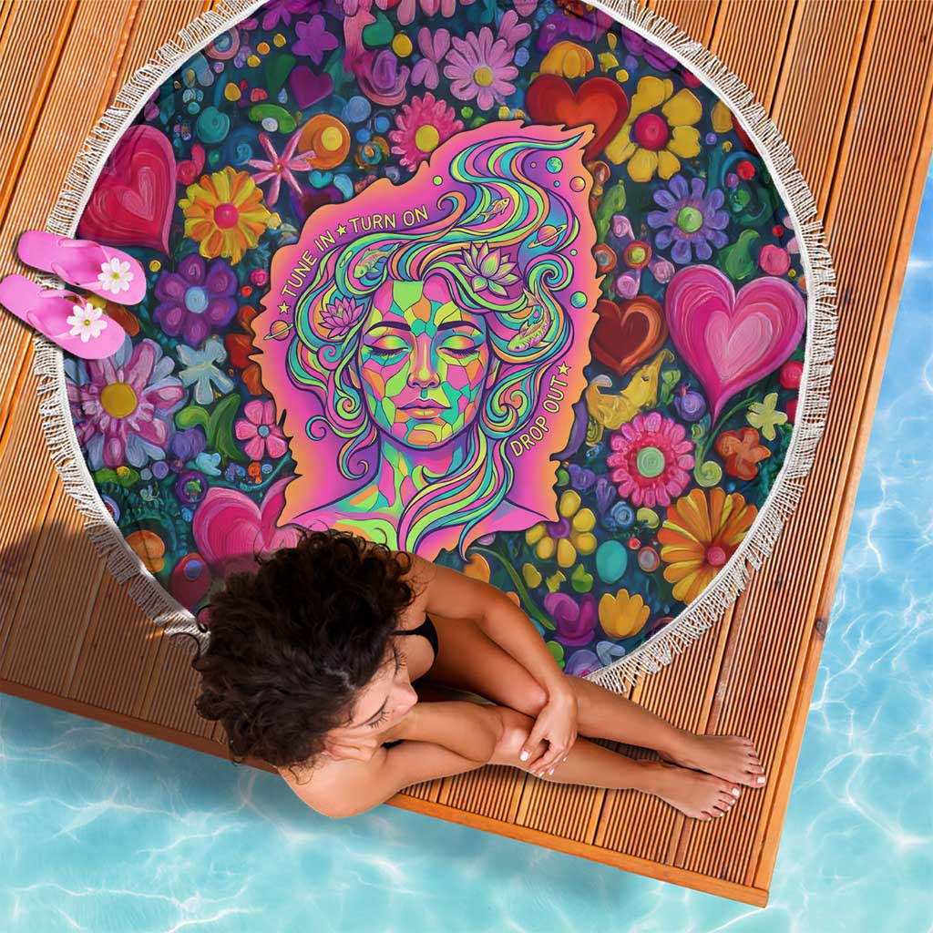 Psychedelic Visionary Woman Hippie Beach Blanket Tune In, Turn On, Drop Out - Flower Power Awakening