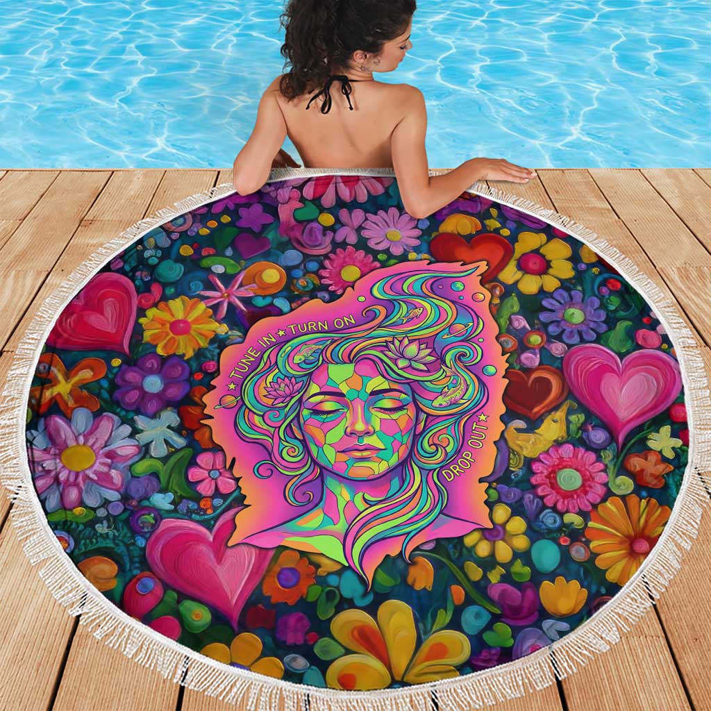 Psychedelic Visionary Woman Hippie Beach Blanket Tune In, Turn On, Drop Out - Flower Power Awakening