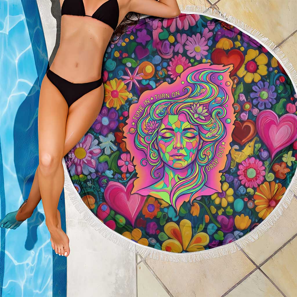 Psychedelic Visionary Woman Hippie Beach Blanket Tune In, Turn On, Drop Out - Flower Power Awakening