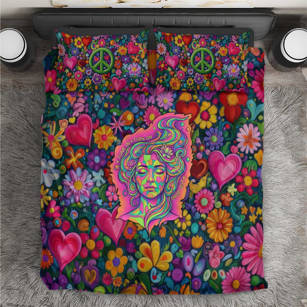 Psychedelic Visionary Woman Hippie Bedding Set Tune In, Turn On, Drop Out - Flower Power Awakening