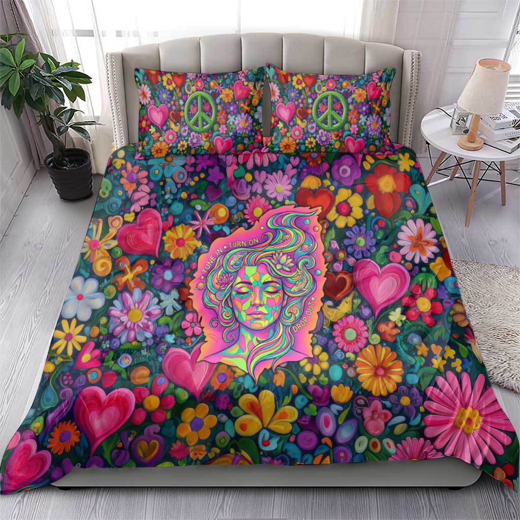 Psychedelic Visionary Woman Hippie Bedding Set Tune In, Turn On, Drop Out - Flower Power Awakening