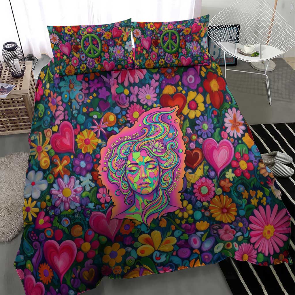 Psychedelic Visionary Woman Hippie Bedding Set Tune In, Turn On, Drop Out - Flower Power Awakening