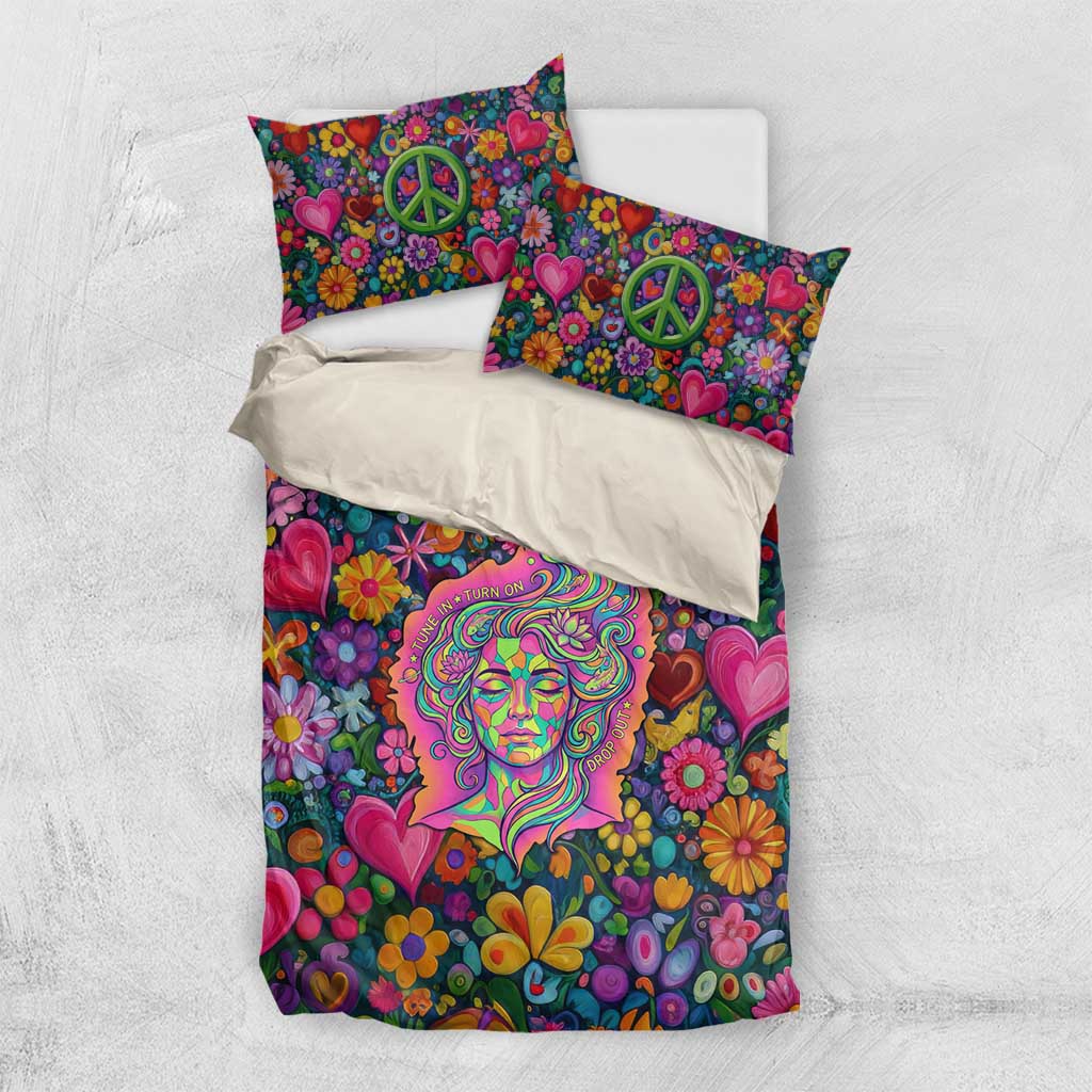 Psychedelic Visionary Woman Hippie Bedding Set Tune In, Turn On, Drop Out - Flower Power Awakening