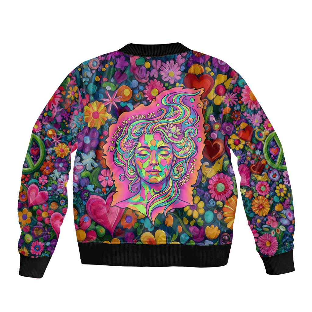 Psychedelic Visionary Woman Hippie Bomber Jacket Tune In, Turn On, Drop Out - Flower Power Awakening