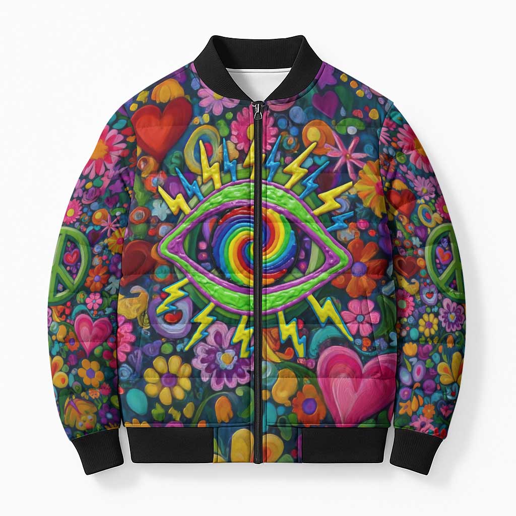Psychedelic Visionary Woman Hippie Bomber Puffer Jacket Tune In, Turn On, Drop Out - Flower Power Awakening