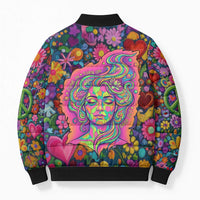 Psychedelic Visionary Woman Hippie Bomber Puffer Jacket Tune In, Turn On, Drop Out - Flower Power Awakening