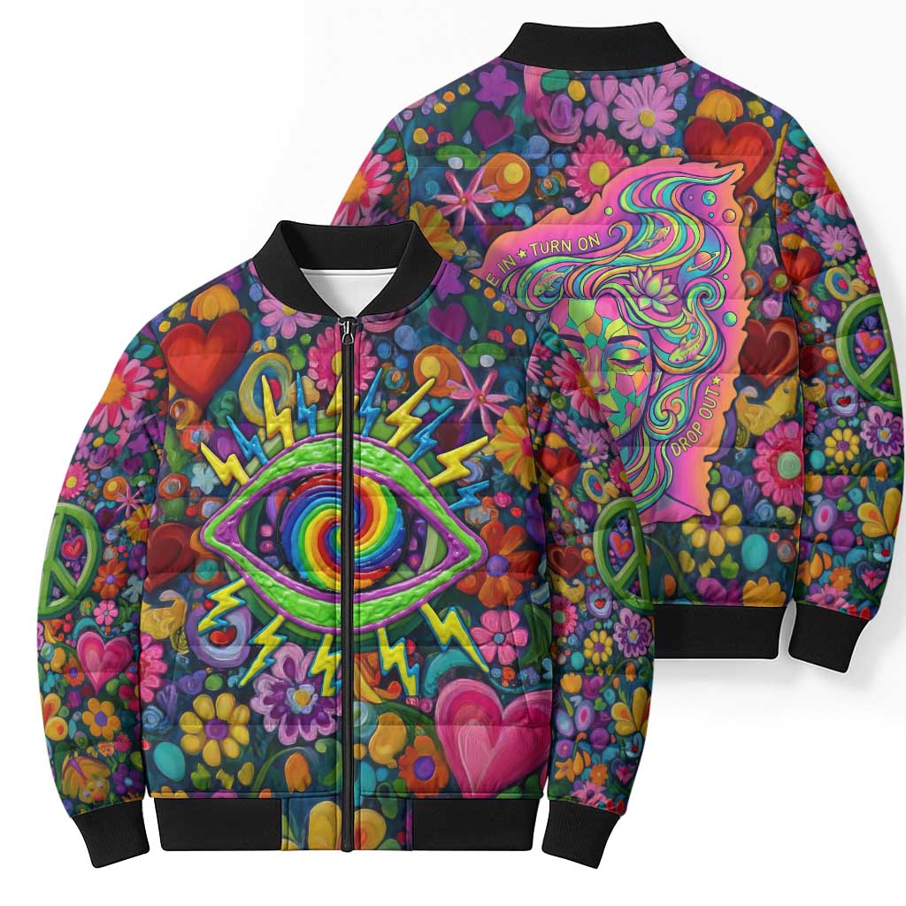 Psychedelic Visionary Woman Hippie Bomber Puffer Jacket Tune In, Turn On, Drop Out - Flower Power Awakening