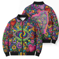 Psychedelic Visionary Woman Hippie Bomber Puffer Jacket Tune In, Turn On, Drop Out - Flower Power Awakening