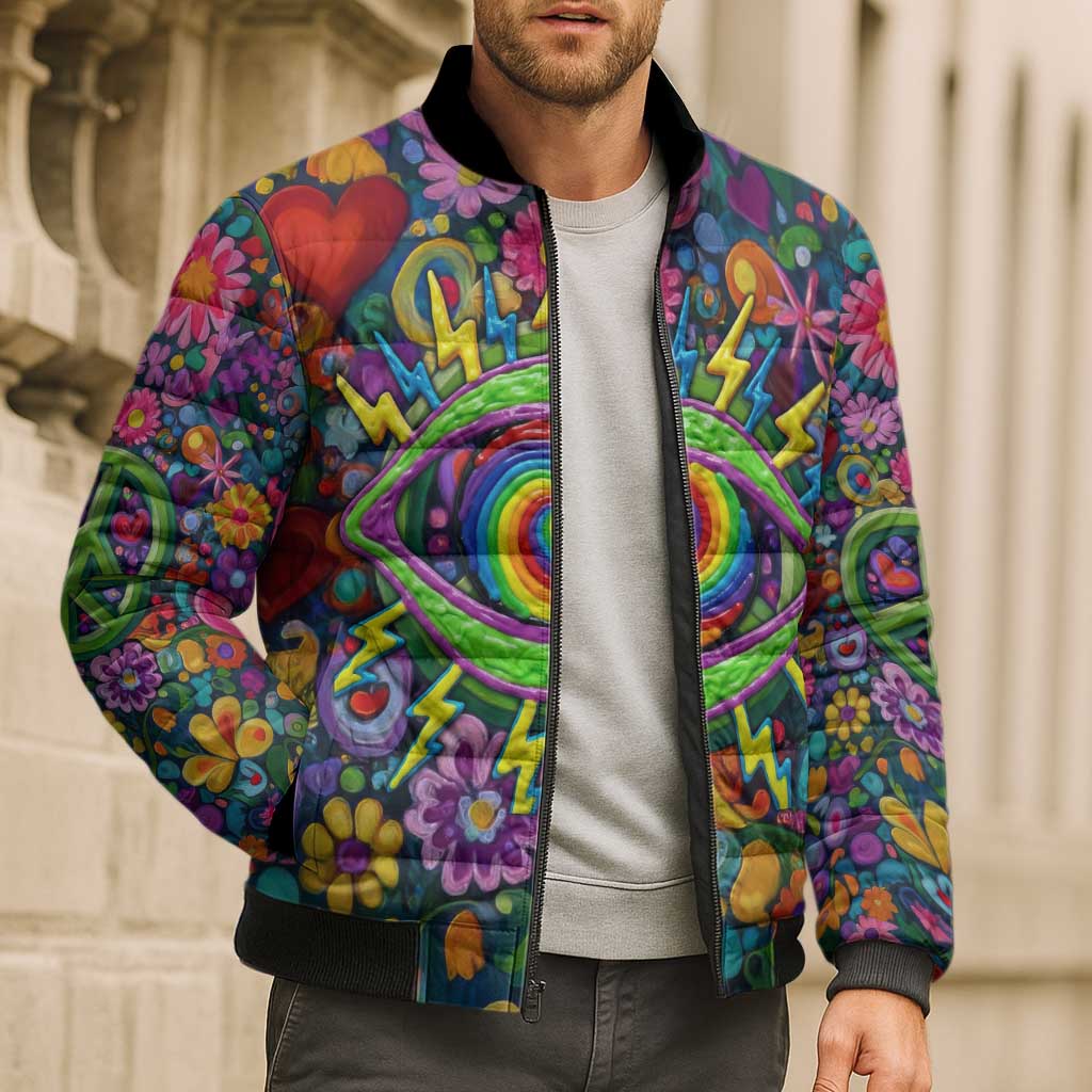 Psychedelic Visionary Woman Hippie Bomber Puffer Jacket Tune In, Turn On, Drop Out - Flower Power Awakening