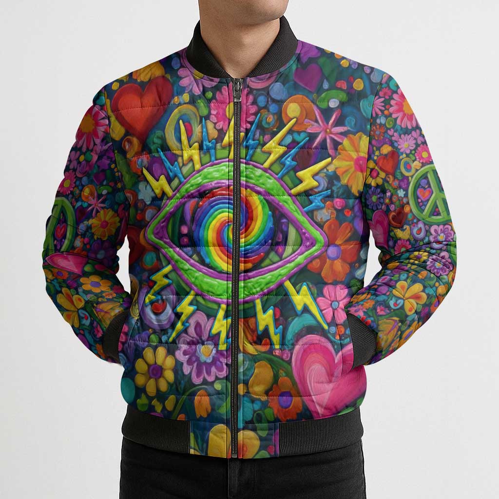 Psychedelic Visionary Woman Hippie Bomber Puffer Jacket Tune In, Turn On, Drop Out - Flower Power Awakening