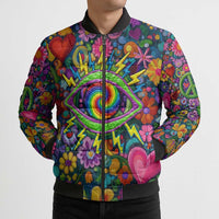 Psychedelic Visionary Woman Hippie Bomber Puffer Jacket Tune In, Turn On, Drop Out - Flower Power Awakening