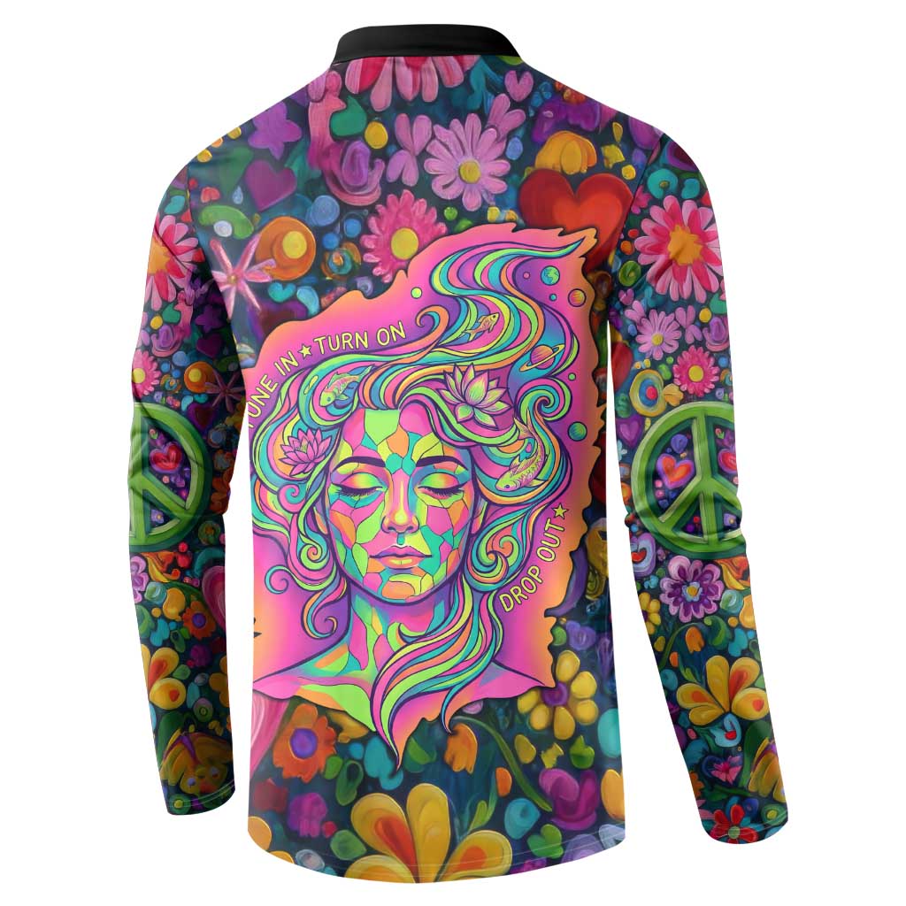 Psychedelic Visionary Woman Hippie Button Sweatshirt Tune In, Turn On, Drop Out - Flower Power Awakening