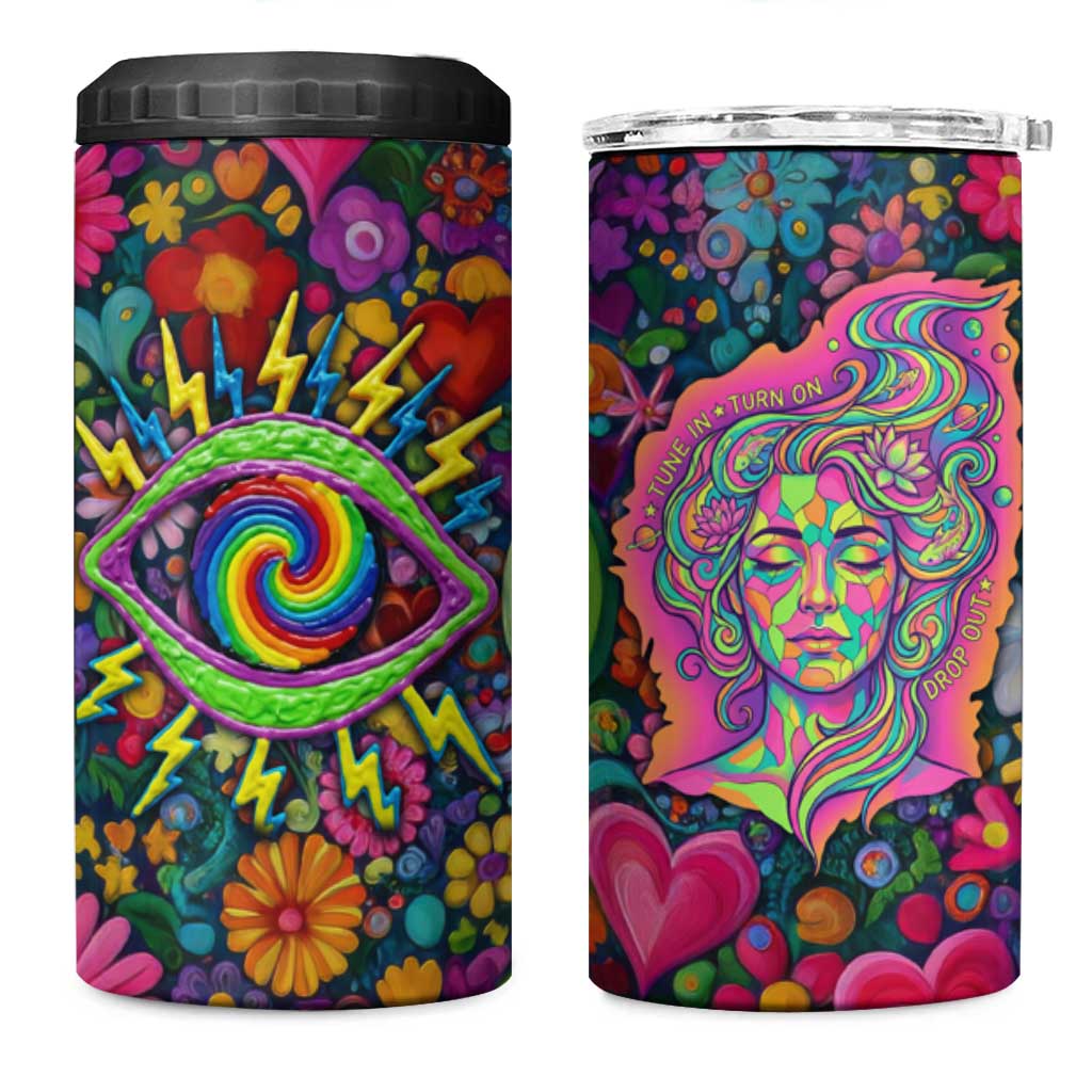 Psychedelic Visionary Woman Hippie 4 in 1 Can Cooler Tumbler Tune In, Turn On, Drop Out - Flower Power Awakening