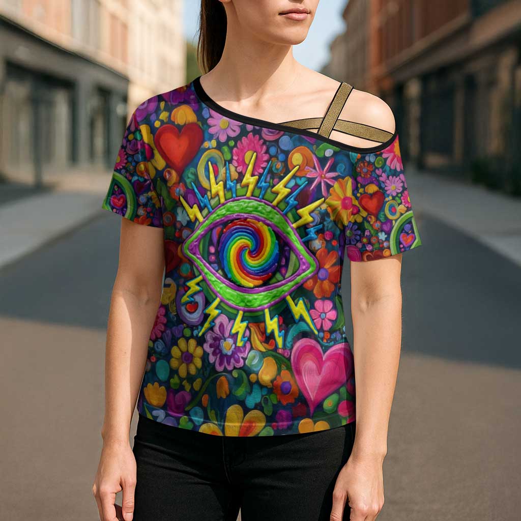 Psychedelic Visionary Woman Hippie Cross Shoulder Shirt Tune In, Turn On, Drop Out - Flower Power Awakening