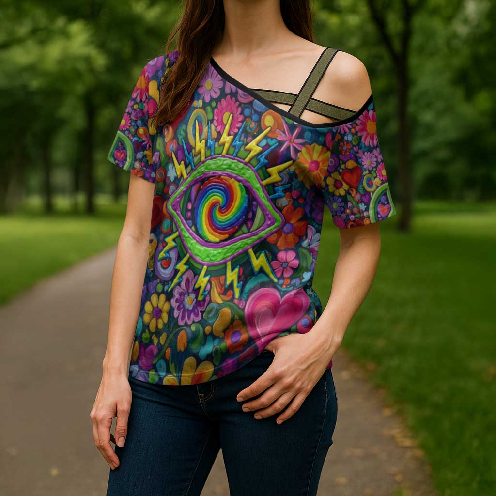 Psychedelic Visionary Woman Hippie Cross Shoulder Shirt Tune In, Turn On, Drop Out - Flower Power Awakening