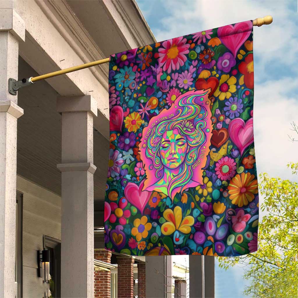 Psychedelic Visionary Woman Hippie Garden Flag Tune In, Turn On, Drop Out - Flower Power Awakening
