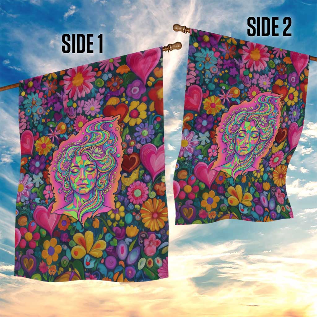 Psychedelic Visionary Woman Hippie Garden Flag Tune In, Turn On, Drop Out - Flower Power Awakening