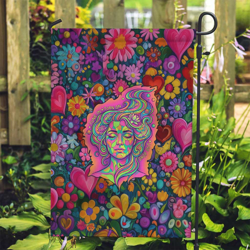 Psychedelic Visionary Woman Hippie Garden Flag Tune In, Turn On, Drop Out - Flower Power Awakening