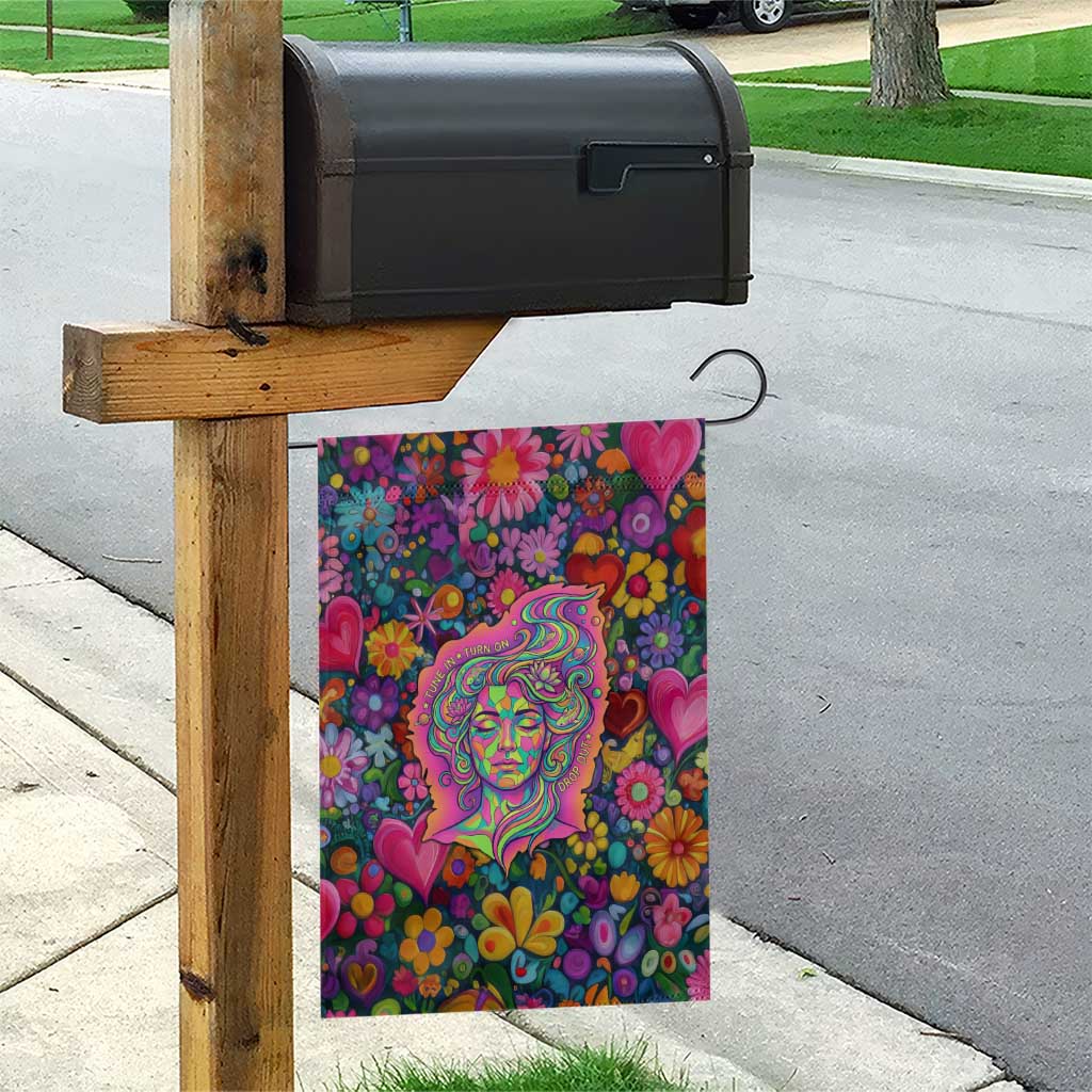 Psychedelic Visionary Woman Hippie Garden Flag Tune In, Turn On, Drop Out - Flower Power Awakening
