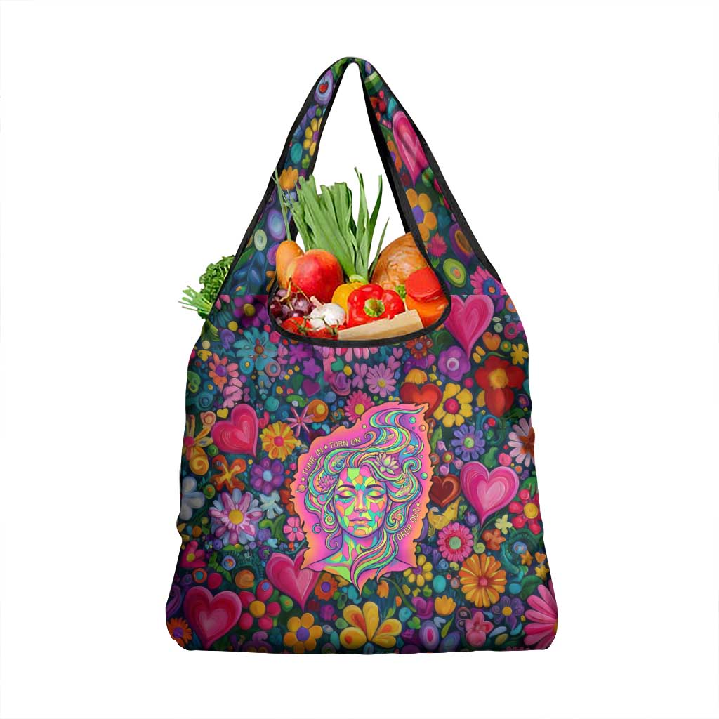 Psychedelic Visionary Woman Hippie Grocery Bag Tune In, Turn On, Drop Out - Flower Power Awakening