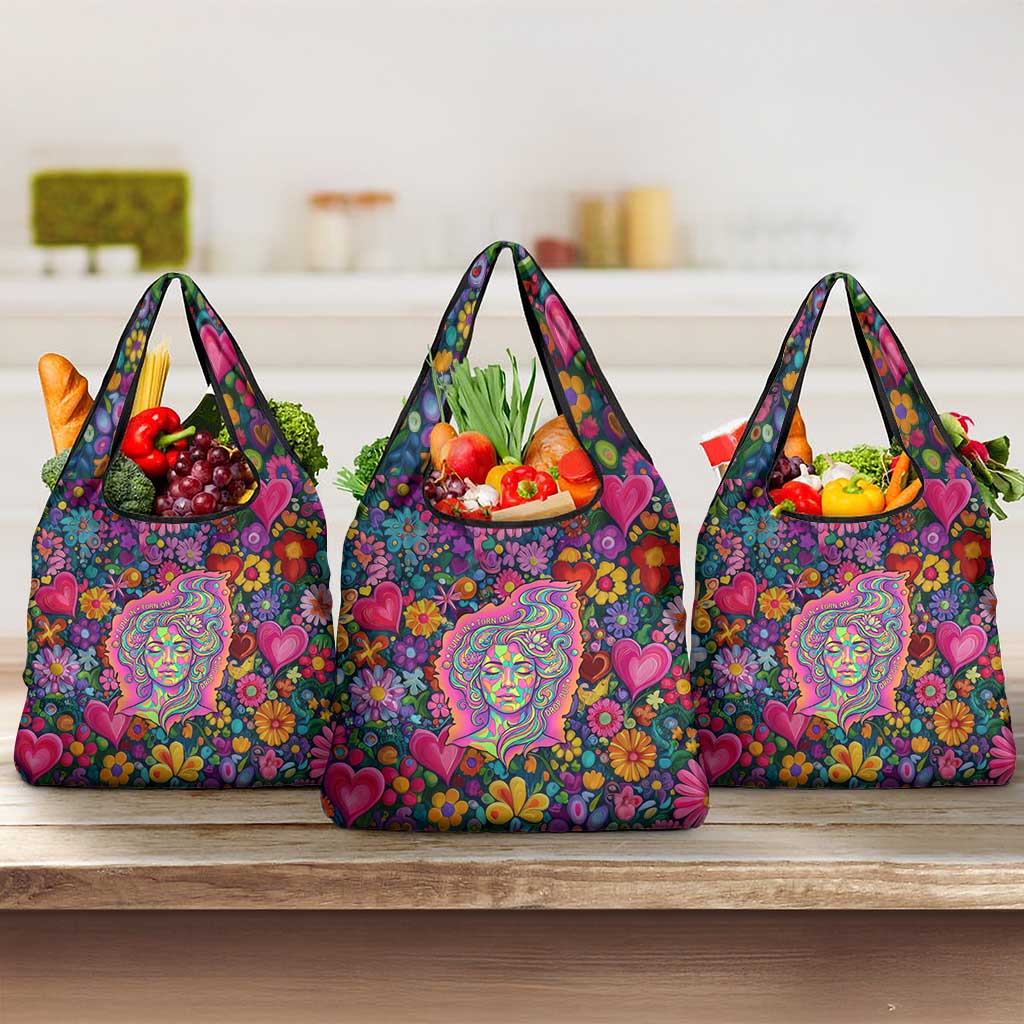 Psychedelic Visionary Woman Hippie Grocery Bag Tune In, Turn On, Drop Out - Flower Power Awakening