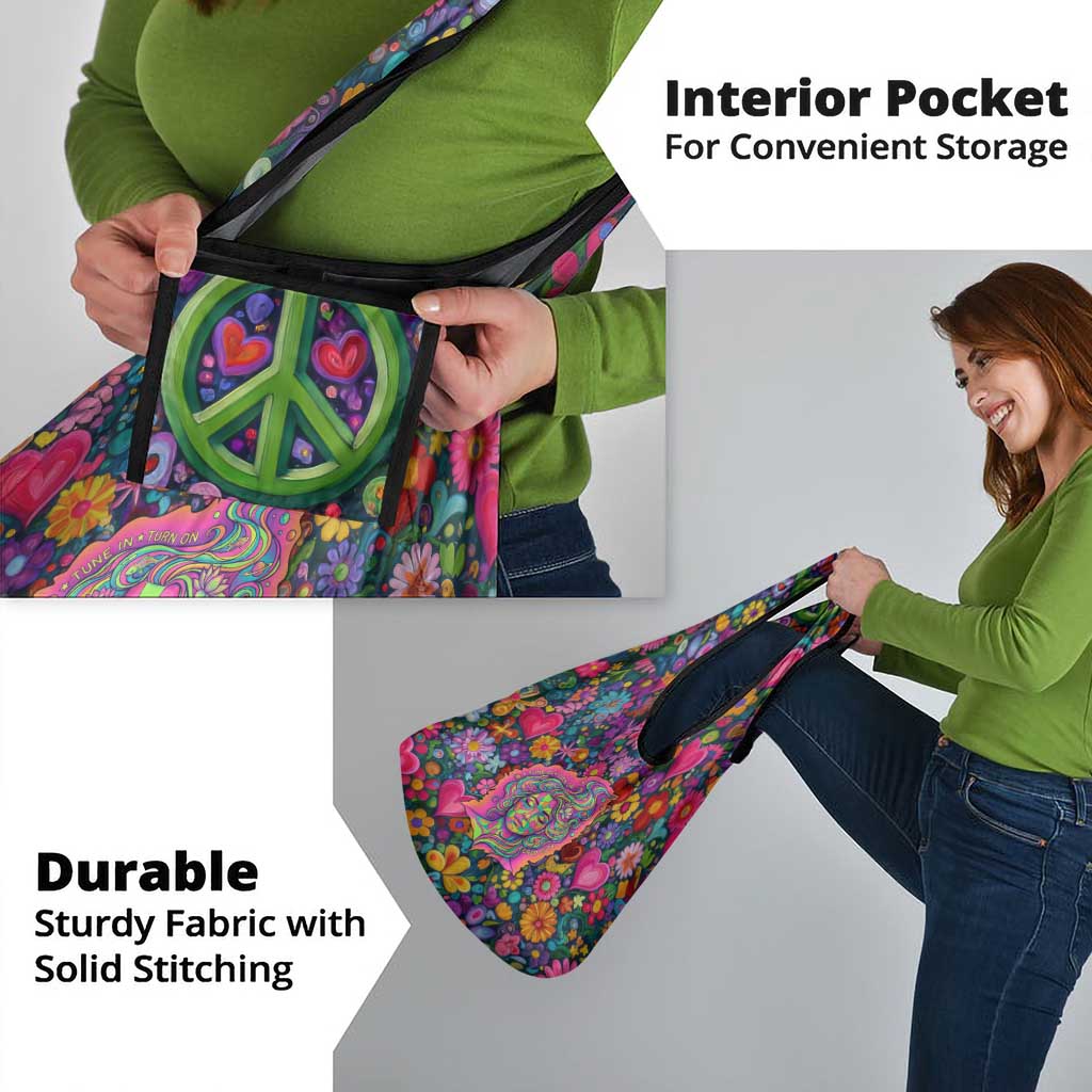 Psychedelic Visionary Woman Hippie Grocery Bag Tune In, Turn On, Drop Out - Flower Power Awakening