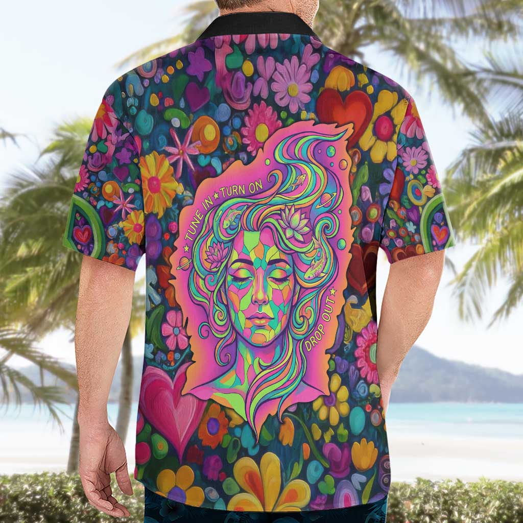 Psychedelic Visionary Woman Hippie Hawaiian Shirt Tune In, Turn On, Drop Out - Flower Power Awakening