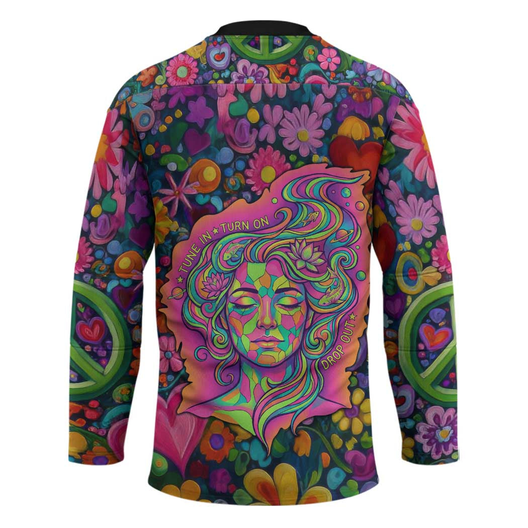 Psychedelic Visionary Woman Hippie Hockey Jersey Tune In, Turn On, Drop Out - Flower Power Awakening