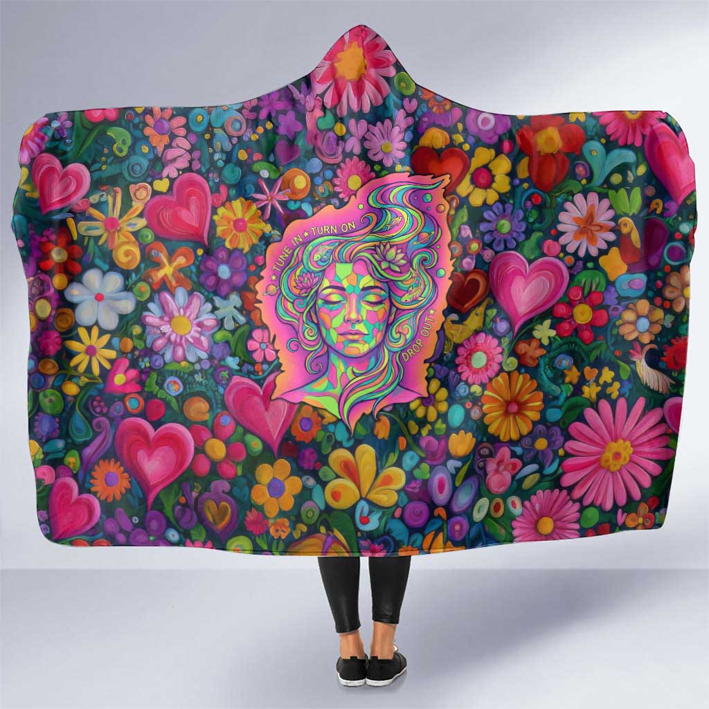 Psychedelic Visionary Woman Hippie Hooded Blanket Tune In, Turn On, Drop Out - Flower Power Awakening