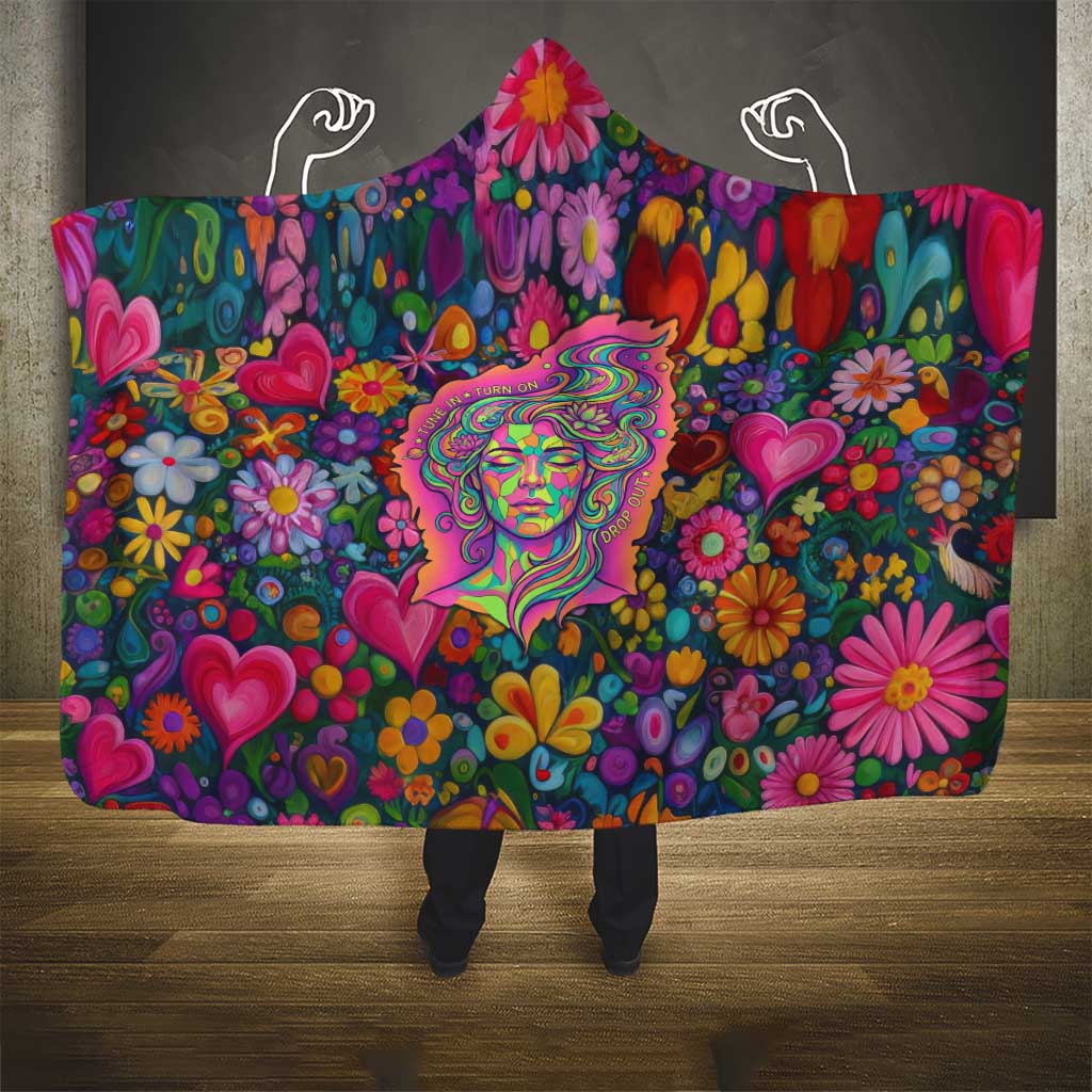 Psychedelic Visionary Woman Hippie Hooded Blanket Tune In, Turn On, Drop Out - Flower Power Awakening