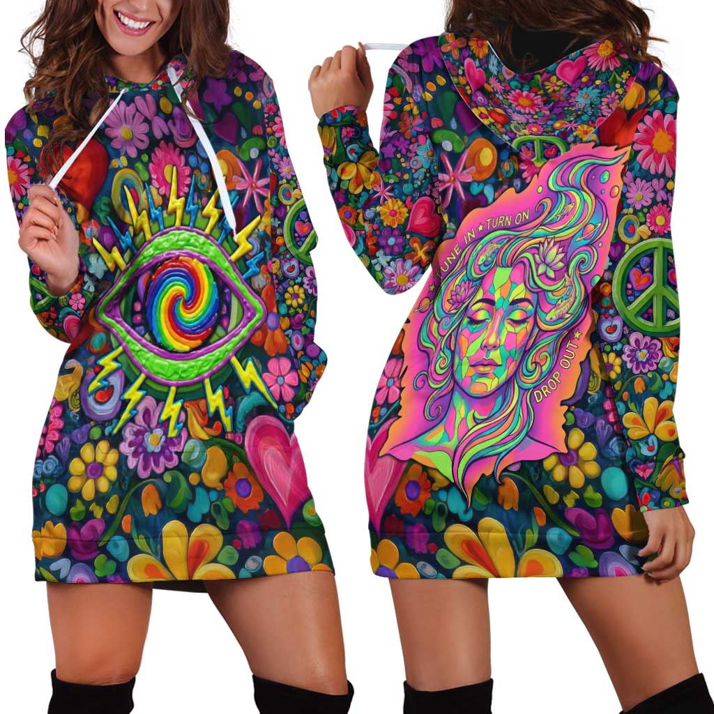 Psychedelic Visionary Woman Hippie Hoodie Dress Tune In, Turn On, Drop Out - Flower Power Awakening