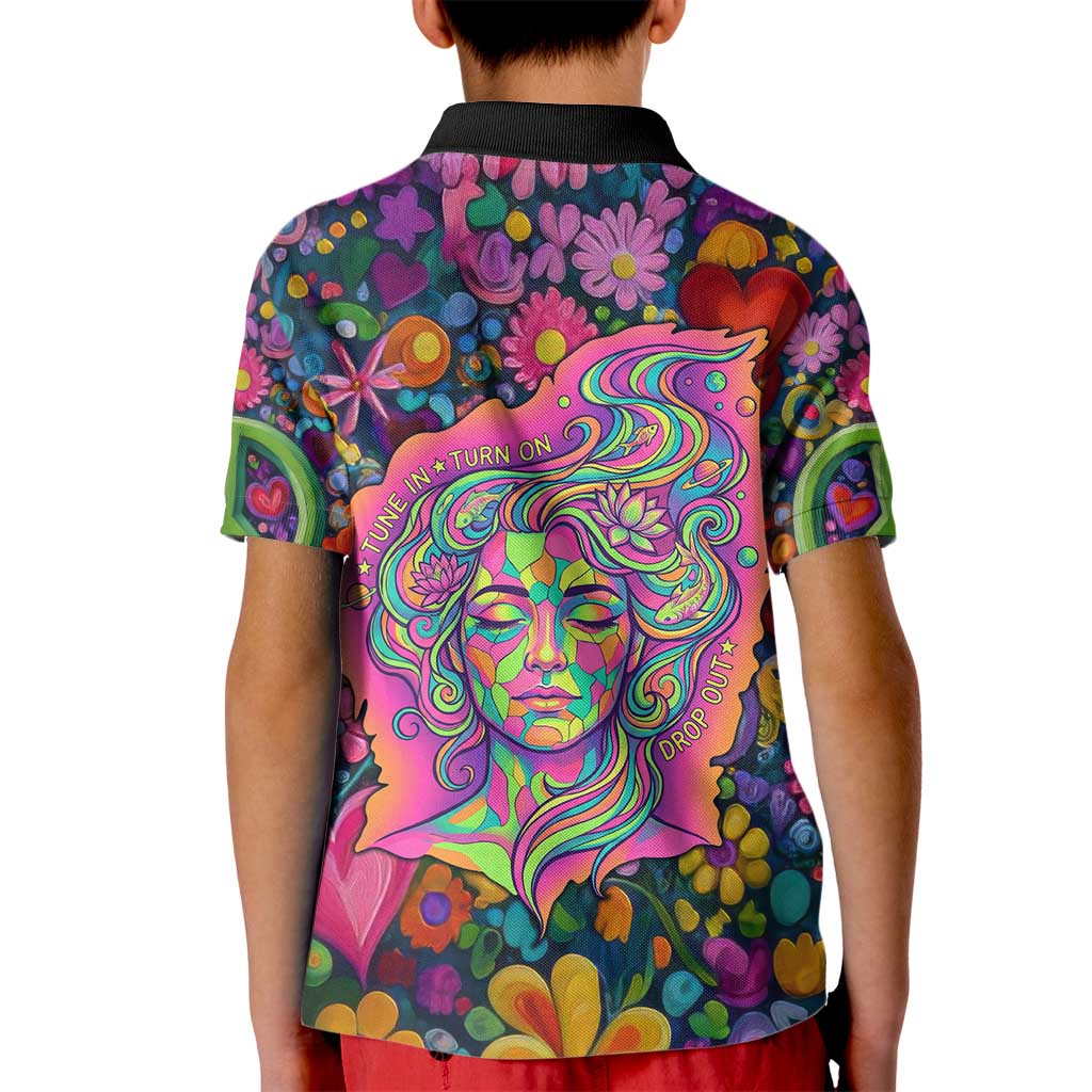 Psychedelic Visionary Woman Hippie Kid Polo Shirt Tune In, Turn On, Drop Out - Flower Power Awakening
