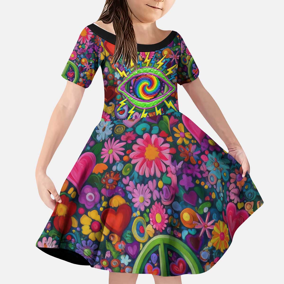 Psychedelic Visionary Woman Hippie Kid Short Sleeve Dress Tune In, Turn On, Drop Out - Flower Power Awakening