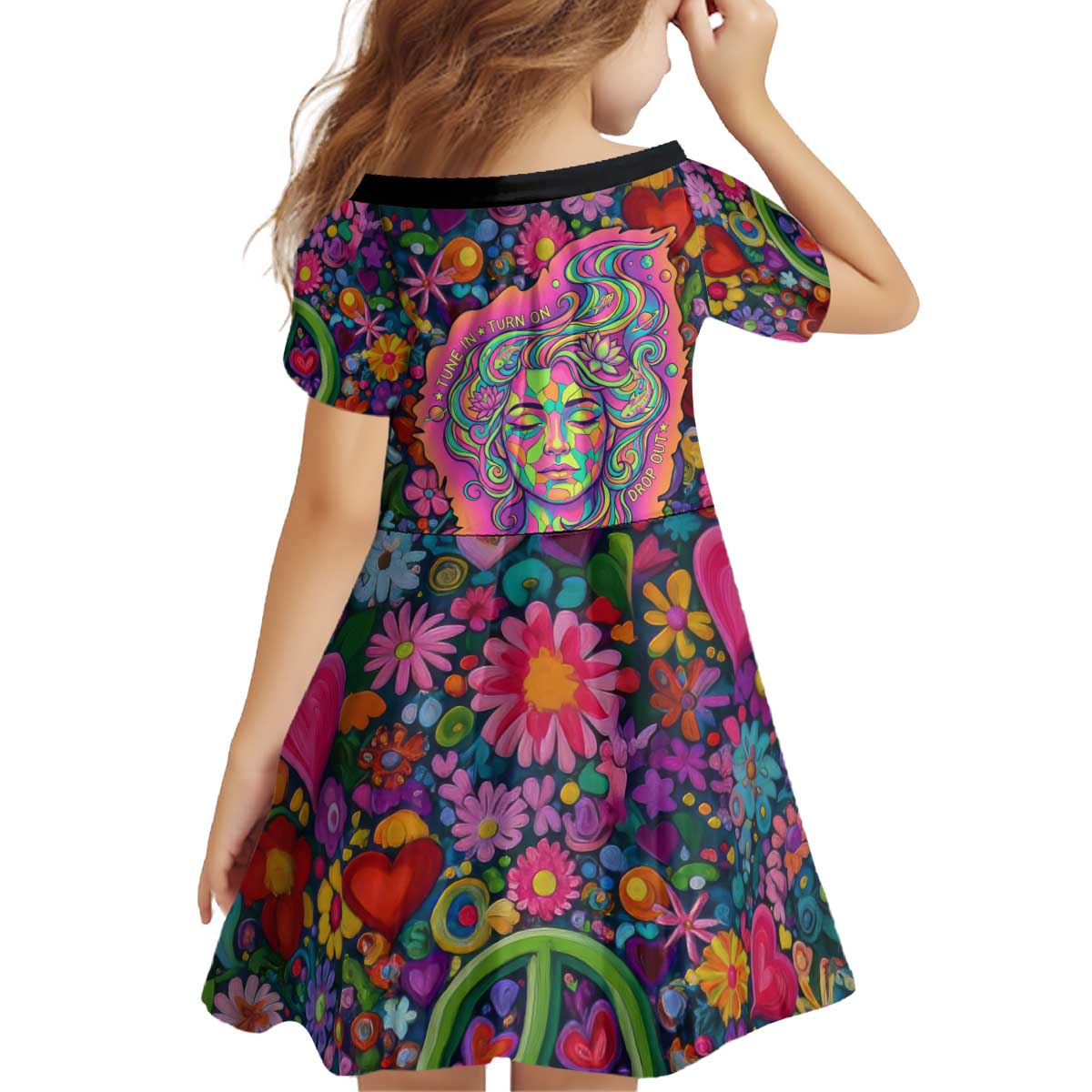 Psychedelic Visionary Woman Hippie Kid Short Sleeve Dress Tune In, Turn On, Drop Out - Flower Power Awakening